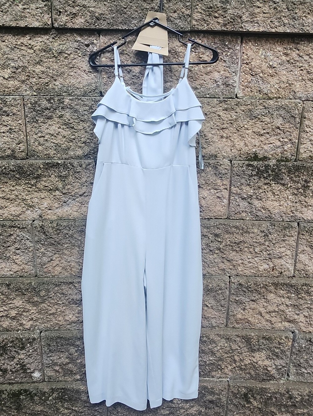 EUC Promesa Baby Blue Cropped Wide Leg Belted Jumpsuit With Pockets Sz Medium